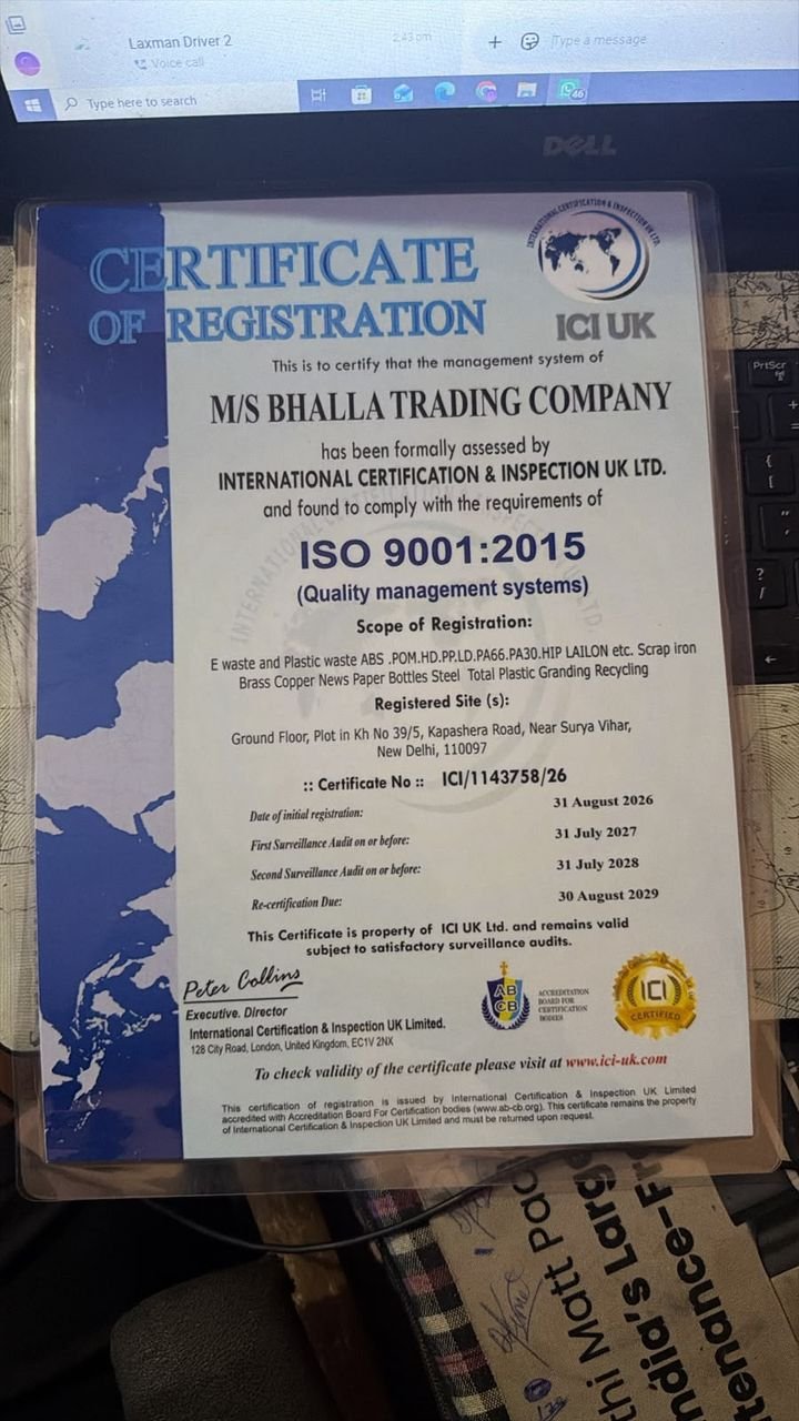 ISO 9001:2015 certificate of Bhalla Trading Company